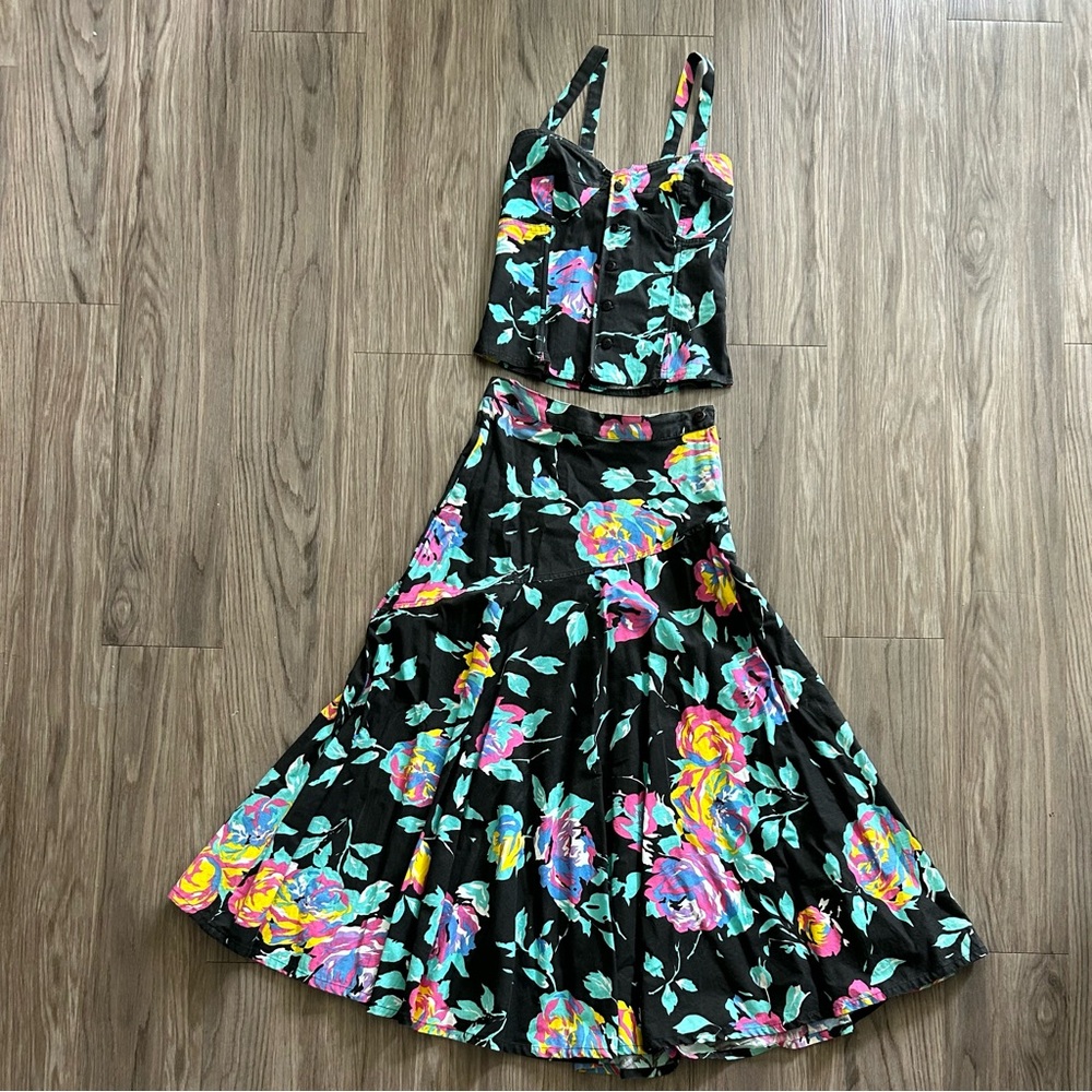 Vintage Floral Two-Piece Dress, Corset Bodice, Flowy Midlength Mermaid Skirt